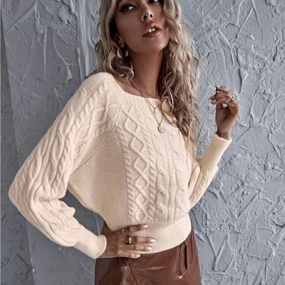 SHEIN - Neutral Cream Cable Knit Cropped Sweater with Cuffed Sleeves - Size M - Picture 3 of 6
